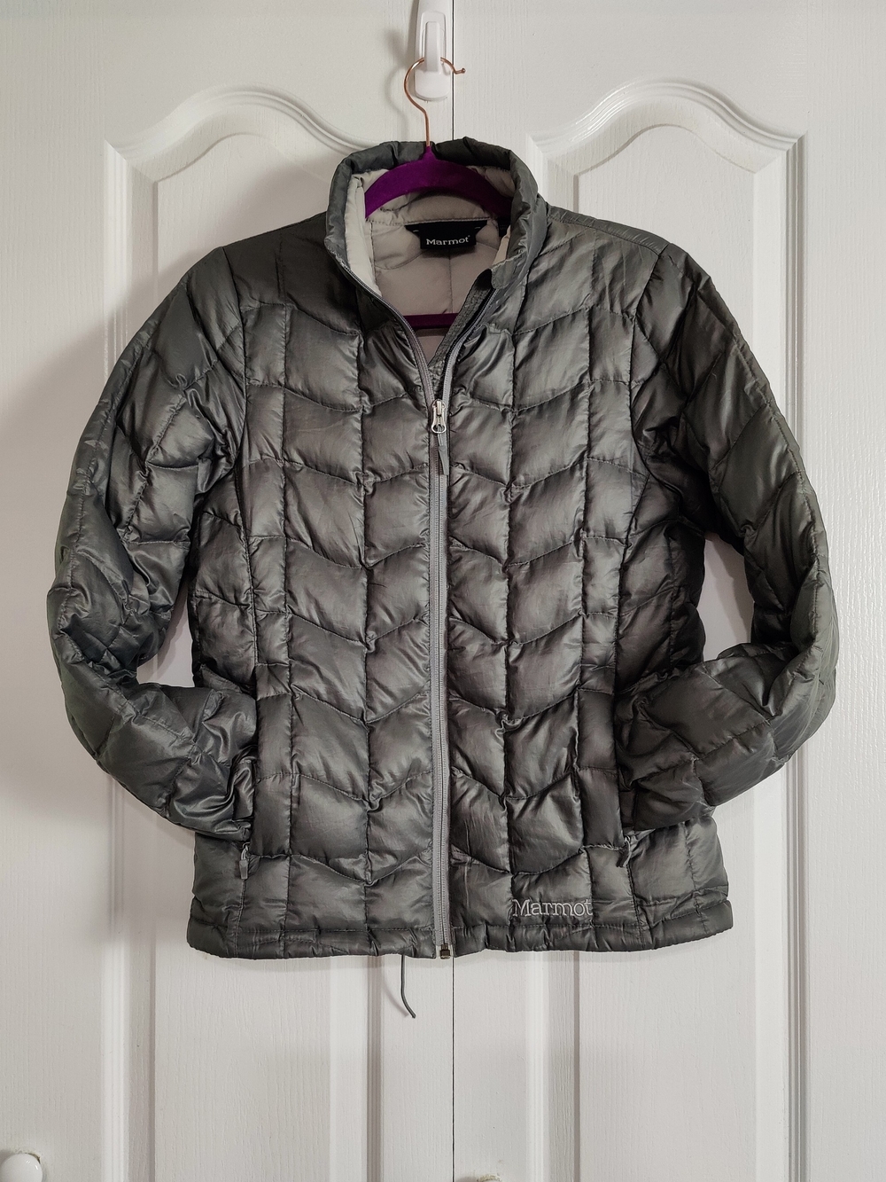 Marmot Womens Small Venus Ultralight 800 Down Puffer Jacket Slate Gray Chevron